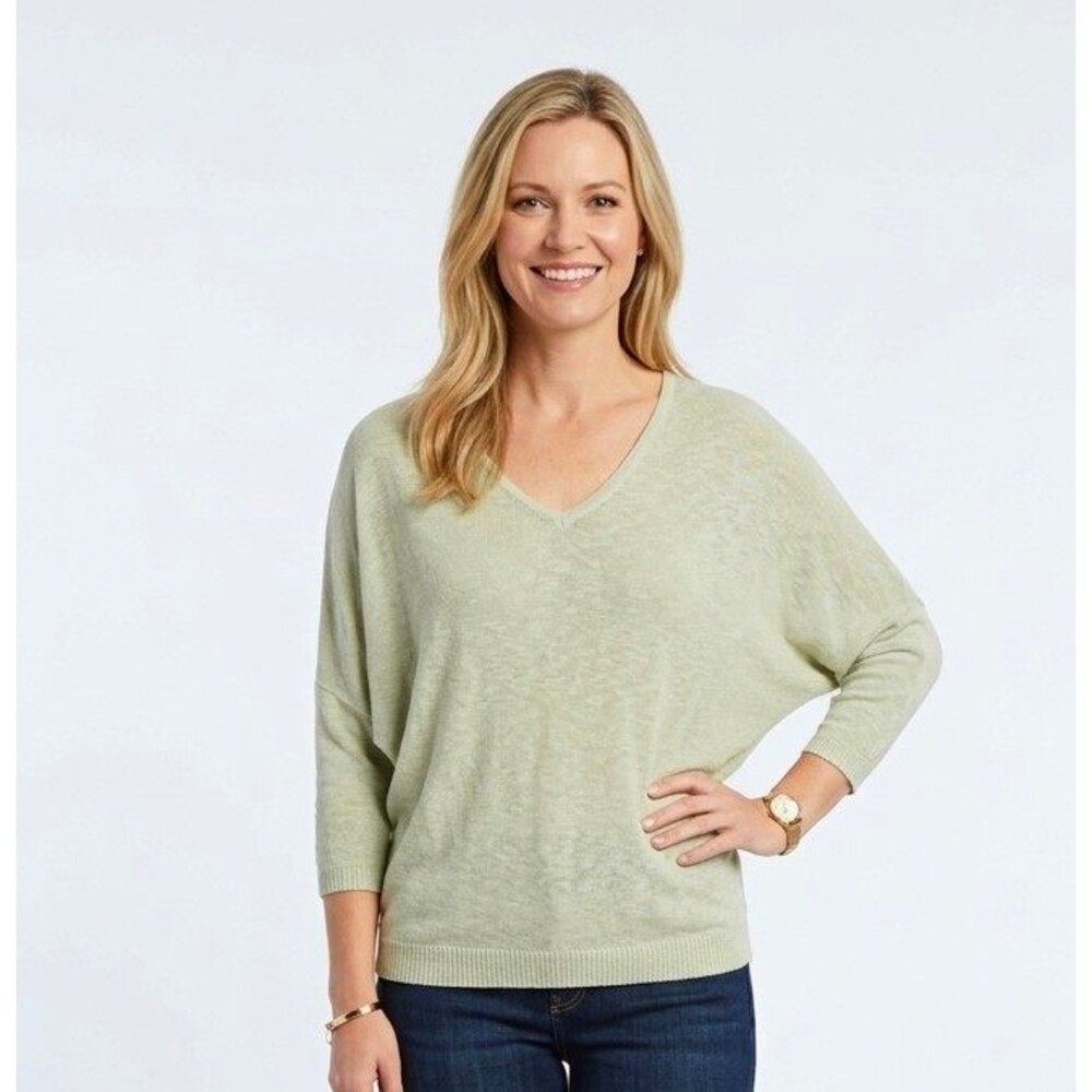 Eileen Fisher Sweater Petite PM Green V-Neck Dolman 3/4 Slv Knit Pullover boho